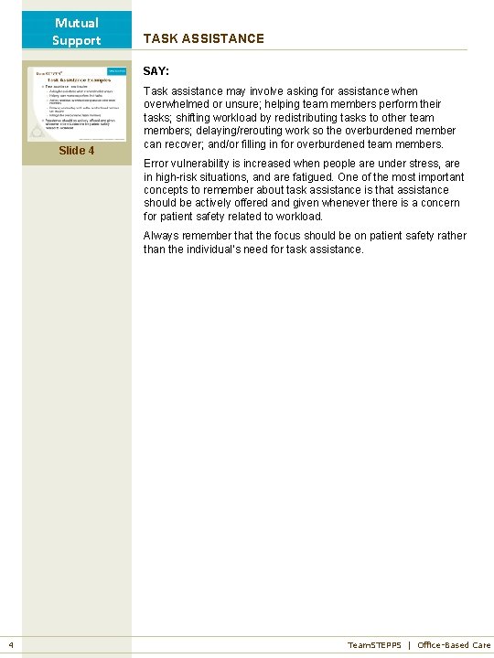 Mutual Support TASK ASSISTANCE SAY: Slide 4 Task assistance may involve asking for assistance