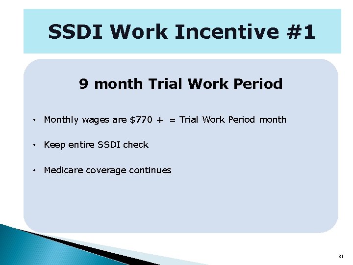 SSDI Work Incentive #1 9 month Trial Work Period • Monthly wages are $770