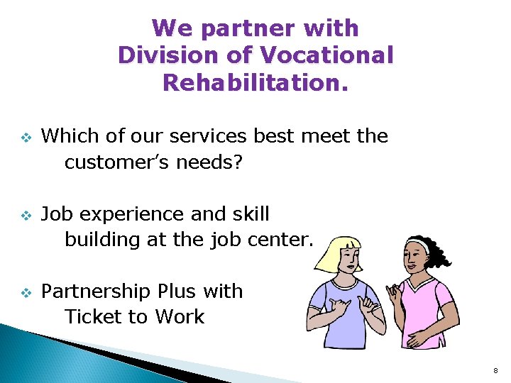 We partner with Division of Vocational Rehabilitation. v v v Which of our services