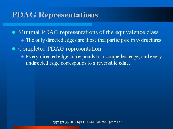 PDAG Representations l Minimal PDAG representations of the equivalence class ¨ The only directed