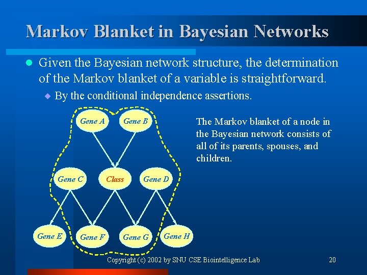 Markov Blanket in Bayesian Networks l Given the Bayesian network structure, the determination of