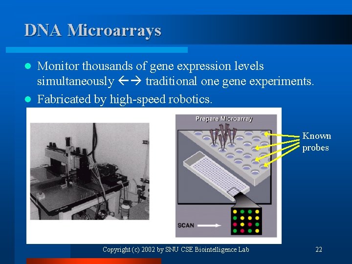 DNA Microarrays Monitor thousands of gene expression levels simultaneously traditional one gene experiments. l