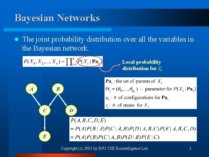 Bayesian Networks l The joint probability distribution over all the variables in the Bayesian