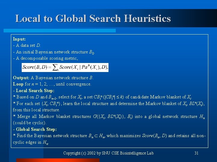 Local to Global Search Heuristics Input: - A data set D. - An initial