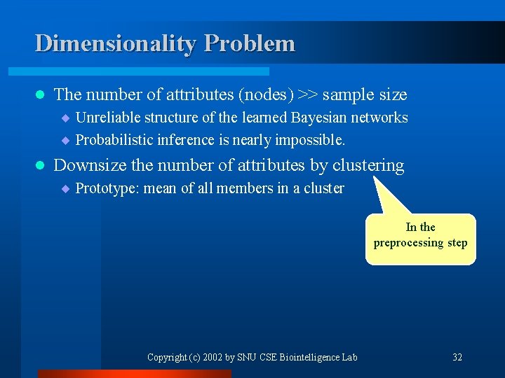 Dimensionality Problem l The number of attributes (nodes) >> sample size ¨ Unreliable structure