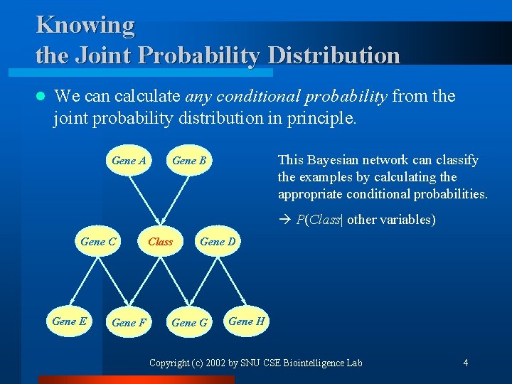 Knowing the Joint Probability Distribution l We can calculate any conditional probability from the