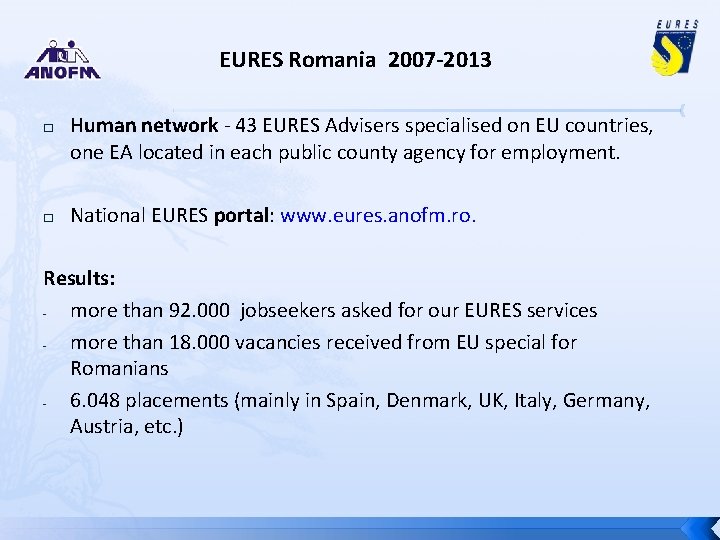 EURES Romania 2007 -2013 � � Human network - 43 EURES Advisers specialised on