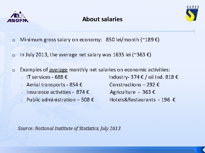 About salaries � Minimum gross salary on economy: 850 lei/month (~189 €) � In