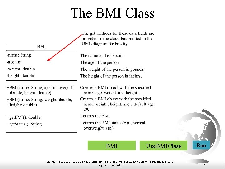 The BMI Class BMI Use. BMIClass Liang, Introduction to Java Programming, Tenth Edition, (c)