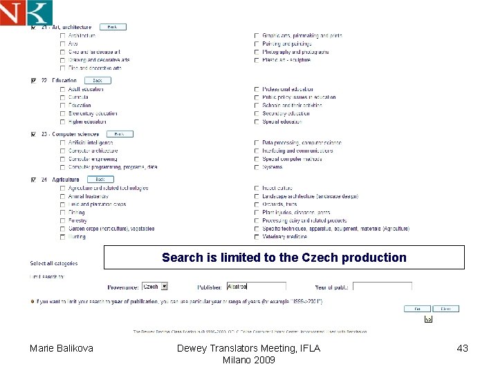 Search is limited to the Czech production Marie Balikova Dewey Translators Meeting, IFLA Milano