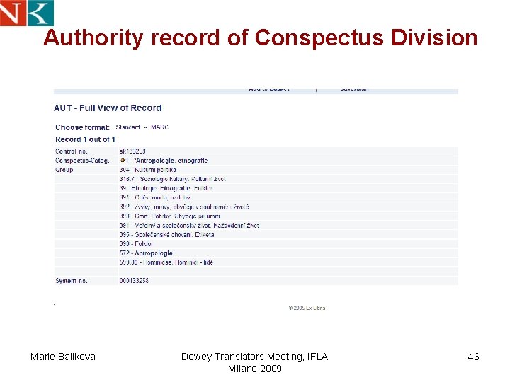 Authority record of Conspectus Division Marie Balikova Dewey Translators Meeting, IFLA Milano 2009 46