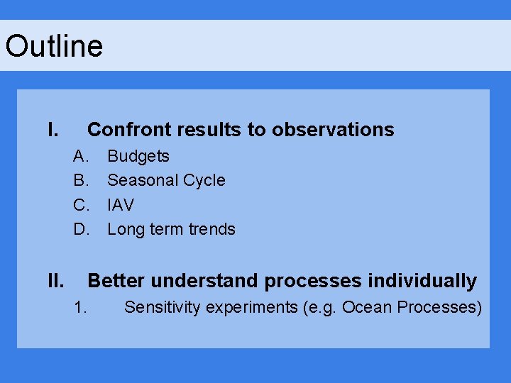 Outline I. Confront results to observations A. B. C. D. Budgets Seasonal Cycle IAV