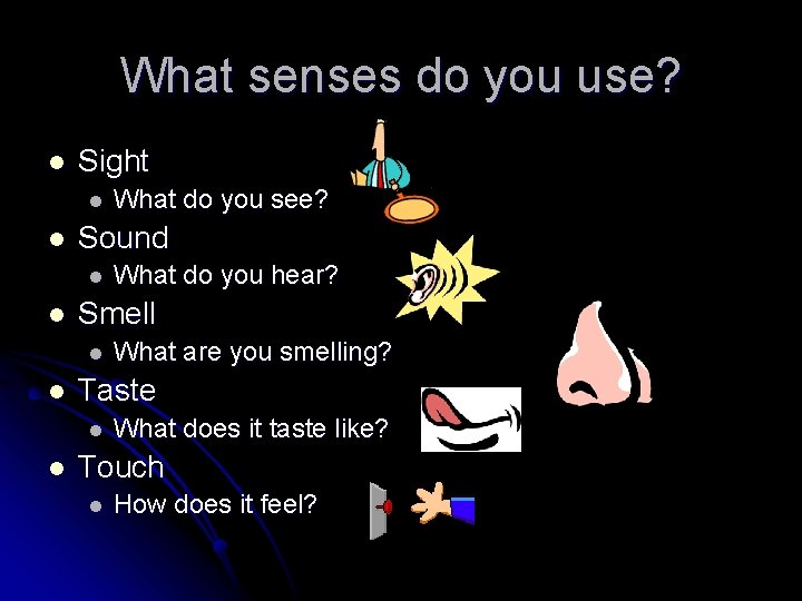 What senses do you use? l Sight l l Sound l l What are