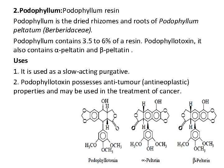 2. Podophyllum: Podophyllum resin Podophyllum is the dried rhizomes and roots of Podophyllum peltatum