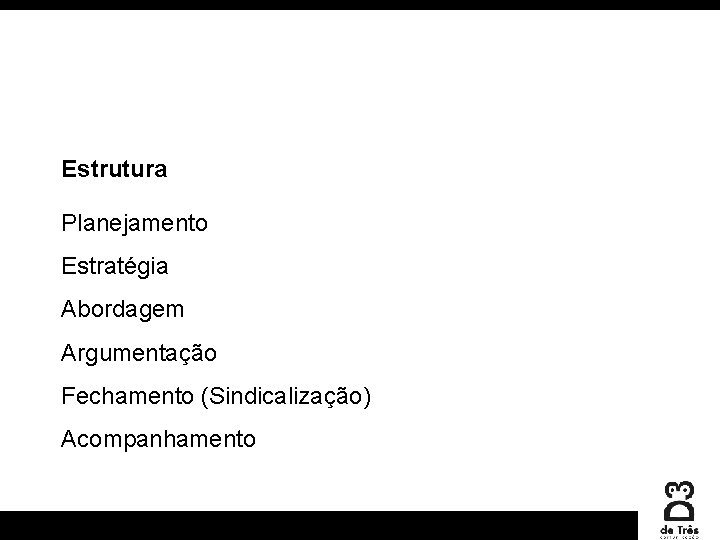 Estrutura Planejamento Estratégia Abordagem Argumentação Fechamento (Sindicalização) Acompanhamento 