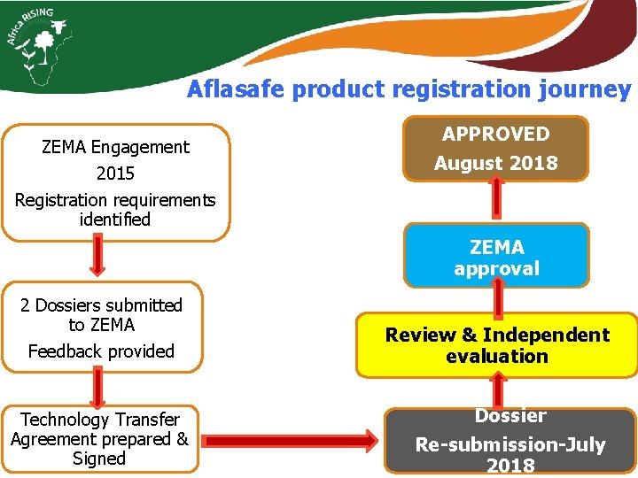 Aflasafe product registration journey ZEMA Engagement 2015 Registration requirements identified APPROVED August 2018 ZEMA