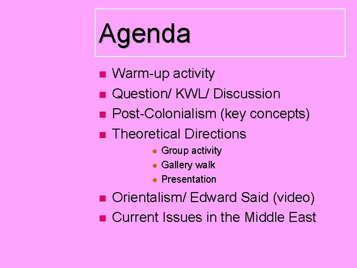 Agenda n n Warm-up activity Question/ KWL/ Discussion Post-Colonialism (key concepts) Theoretical Directions l