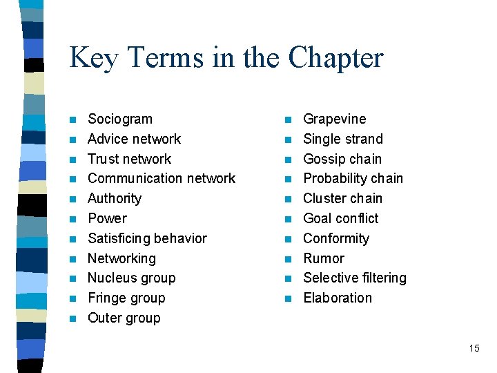 Key Terms in the Chapter n n n Sociogram Advice network Trust network Communication