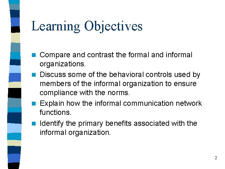 Learning Objectives Compare and contrast the formal and informal organizations. n Discuss some of