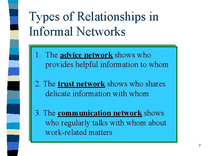 Types of Relationships in Informal Networks 1. The advice network shows who provides helpful