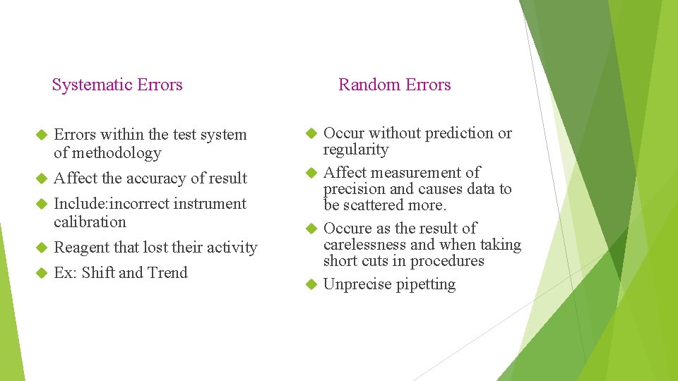 Systematic Errors within the test system of methodology Affect the accuracy of result Include: