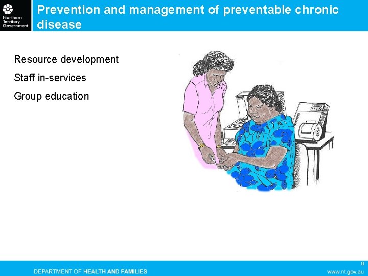 Prevention and management of preventable chronic disease Resource development Staff in-services Group education 9