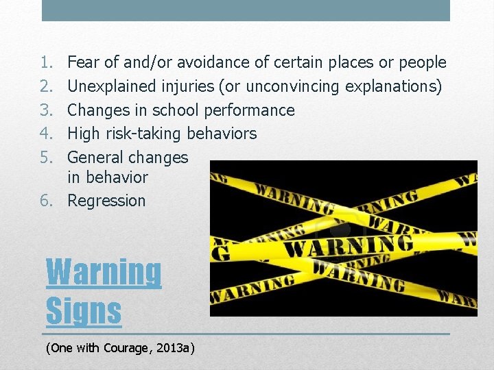 1. 2. 3. 4. 5. Fear of and/or avoidance of certain places or people