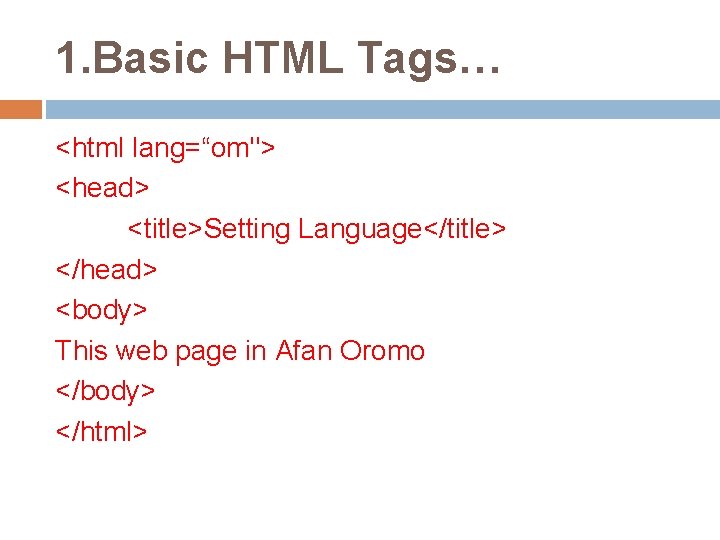 1. Basic HTML Tags… <html lang=“om"> <head> <title>Setting Language</title> </head> <body> This web page