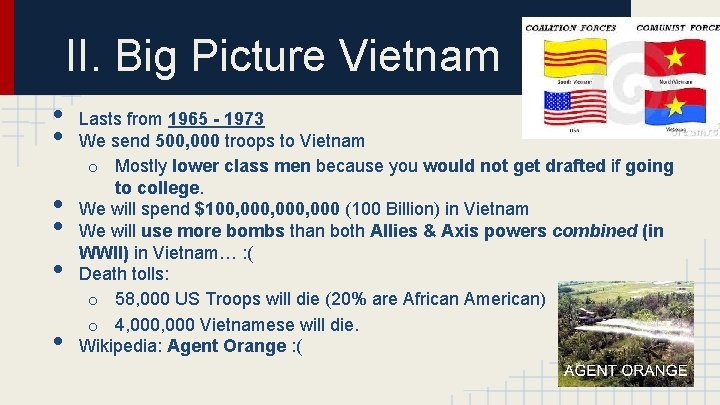 II. Big Picture Vietnam • • • Lasts from 1965 - 1973 We send
