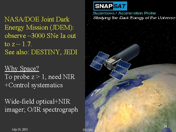 NASA/DOE Joint Dark Energy Mission (JDEM): observe ~3000 SNe Ia out to z ~