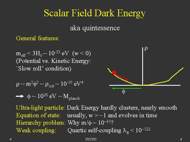 Scalar Field Dark Energy aka quintessence General features: 10 -33 meff < 3 H