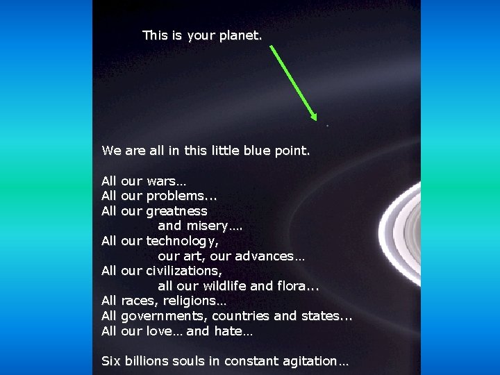 This is your planet. We are all in this little blue point. All our