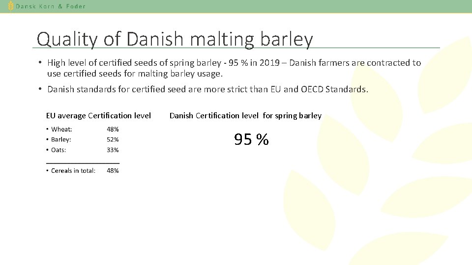 Quality of Danish malting barley • High level of certified seeds of spring barley