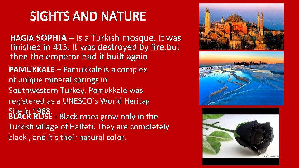 SIGHTS AND NATURE HAGIA SOPHIA – Is a Turkish mosque. It was finished in