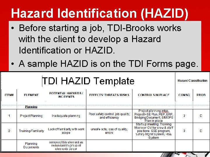 Hazard Identification (HAZID) • Before starting a job, TDI-Brooks works with the client to