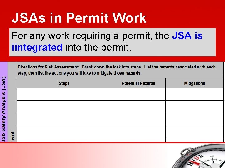 JSAs in Permit Work For any work requiring a permit, the JSA is iintegrated