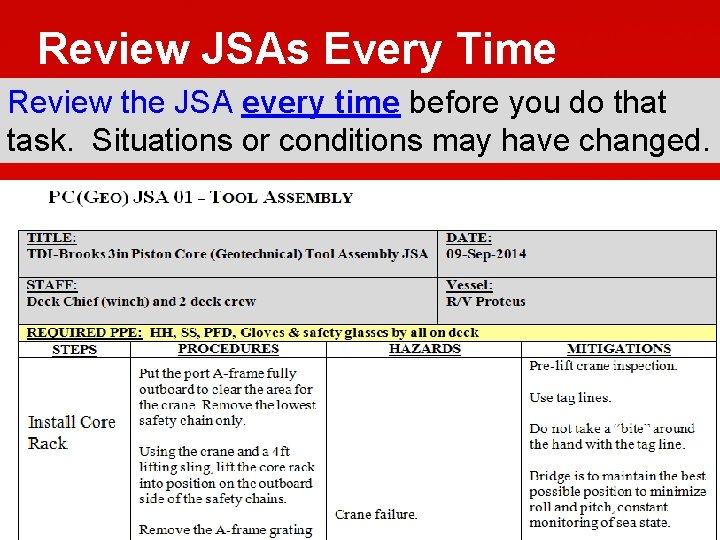 Review JSAs Every Time Review the JSA every time before you do that task.