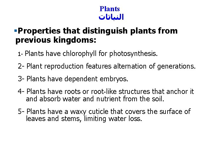 Plants ﺍﻟﻨﺒﺎﺗﺎﺕ §Properties that distinguish plants from previous kingdoms: 1 - Plants have chlorophyll