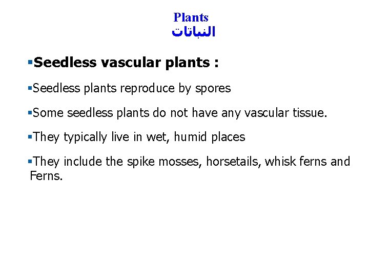 Plants ﺍﻟﻨﺒﺎﺗﺎﺕ §Seedless vascular plants : §Seedless plants reproduce by spores §Some seedless plants