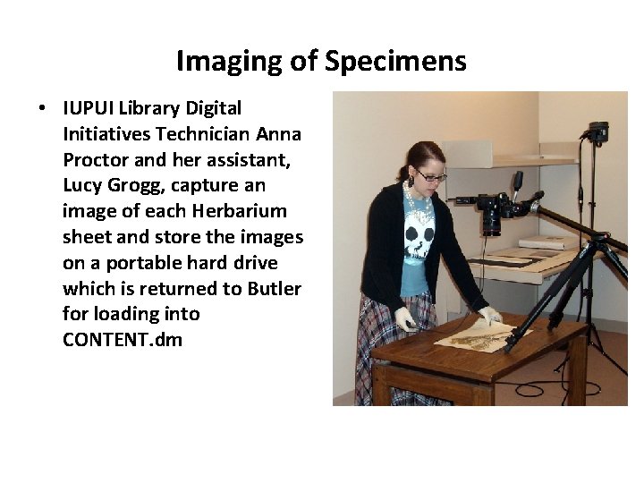 Imaging of Specimens • IUPUI Library Digital Initiatives Technician Anna Proctor and her assistant,