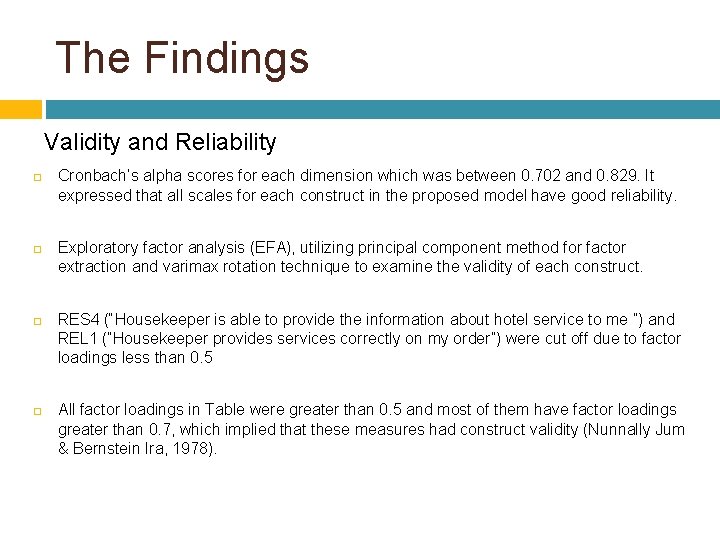 The Findings Validity and Reliability Cronbach’s alpha scores for each dimension which was between