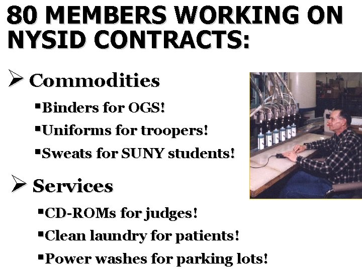 80 MEMBERS WORKING ON NYSID CONTRACTS: Ø Commodities §Binders for OGS! §Uniforms for troopers!