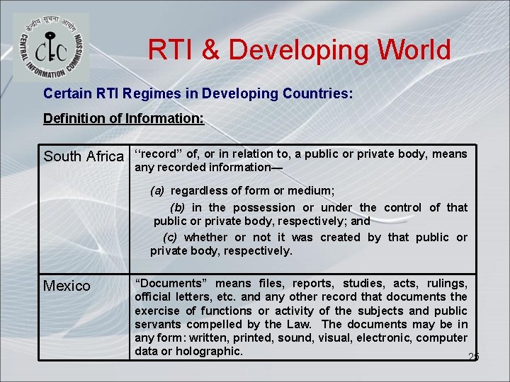 RTI & Developing World Certain RTI Regimes in Developing Countries: Definition of Information: South