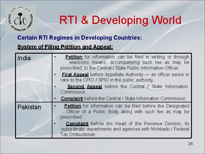 RTI & Developing World Certain RTI Regimes in Developing Countries: System of Filing Petition