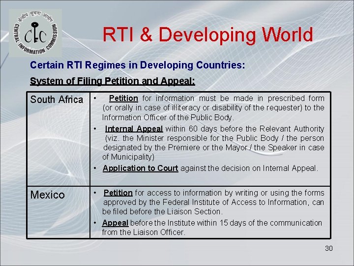 RTI & Developing World Certain RTI Regimes in Developing Countries: System of Filing Petition
