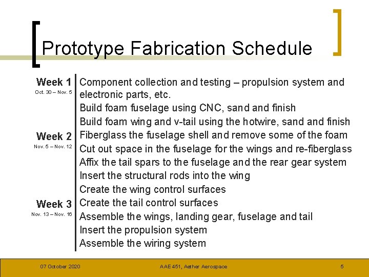 Prototype Fabrication Schedule Week 1 Component collection and testing – propulsion system and Oct.