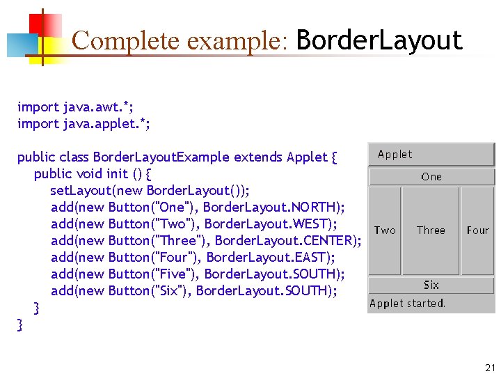 Complete example: Border. Layout import java. awt. *; import java. applet. *; public class Complete example: Border. Layout import java. awt. *; import java. applet. *; public class