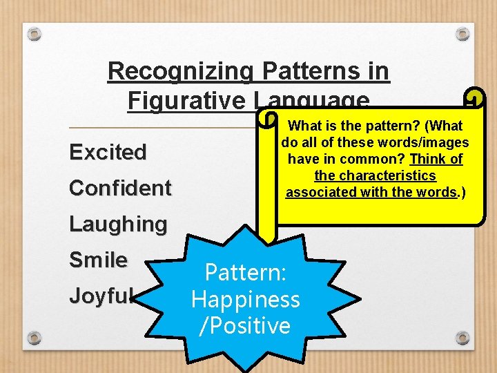 Recognizing Patterns in Figurative Language Excited Confident What is the pattern? (What do all