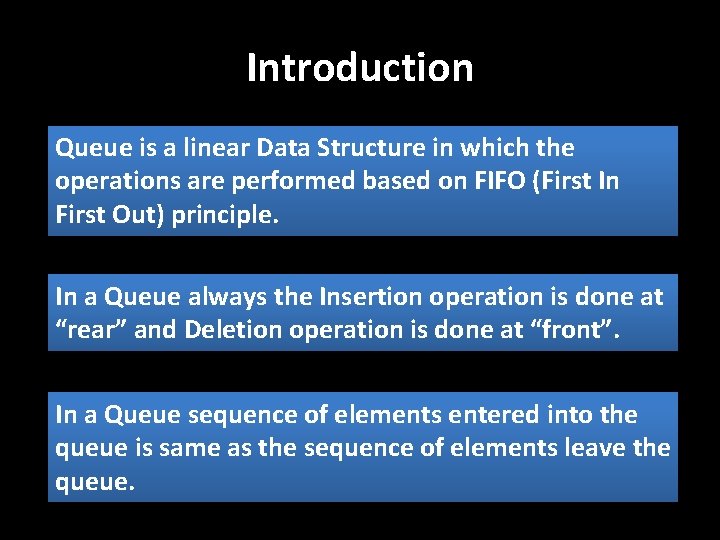 Introduction Queue is a linear Data Structure in which the operations are performed based