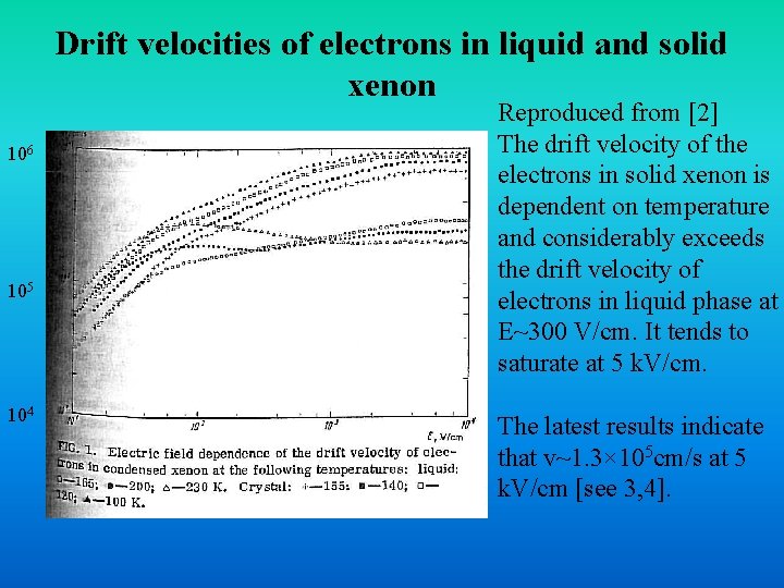 Drift velocities of electrons in liquid and solid xenon 106 105 104 Reproduced from